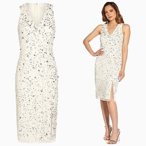 Nwot Adrianna Papell  White/Silver Sequined Sleeveless Sheath Dress w/Front slit